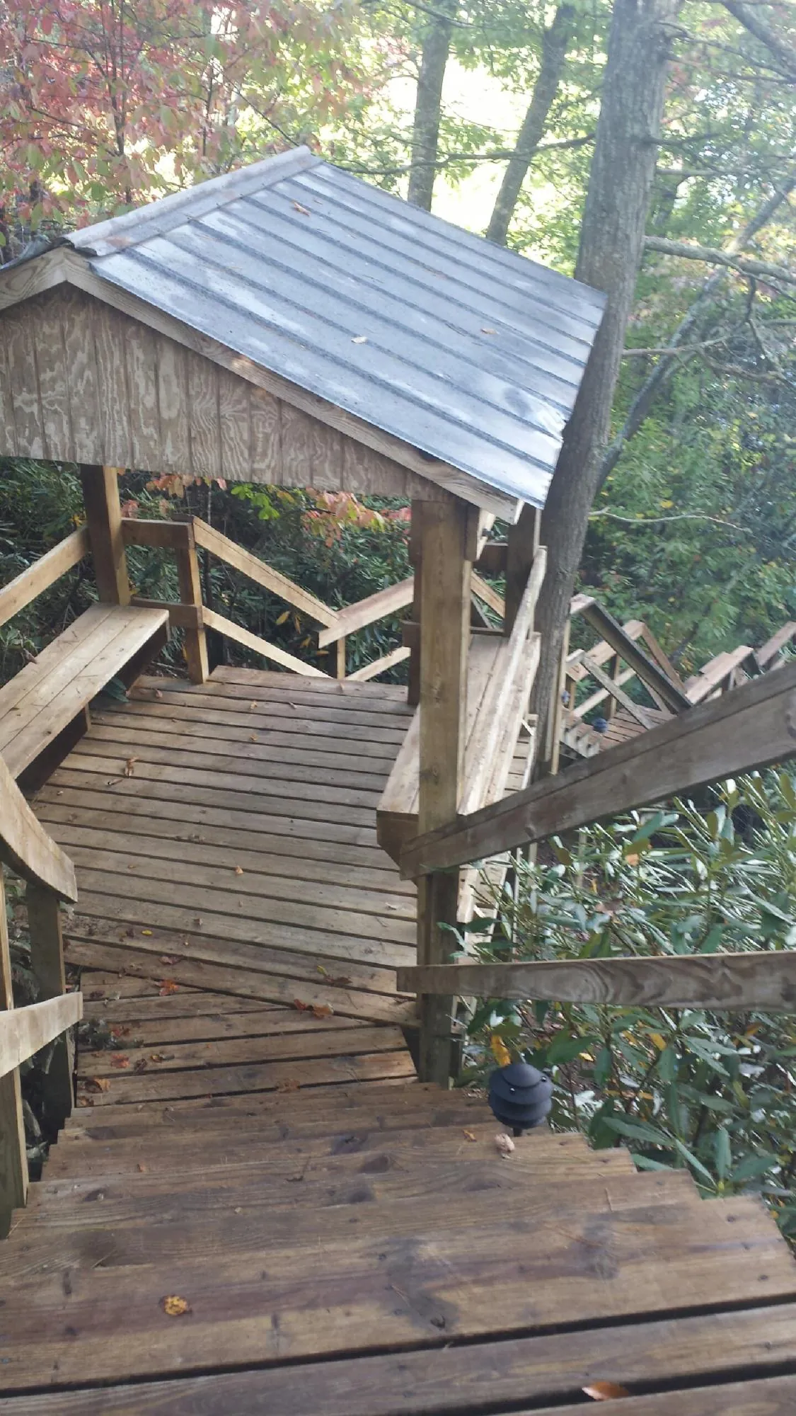 Metal roofed shelter over wooden steps on a wooded walkway — Skylight Repair & Installation work by our crew in Tome